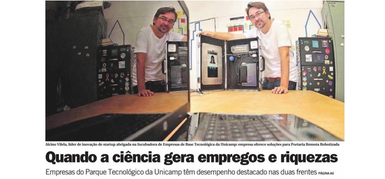 Printscreen da capa do jornal Correio Popular com Alcino Vilela e seu prototipo de portaria eletronica chamada Helô. Fim da Descrição