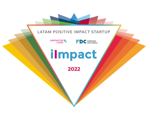 Logotipo do iImpact é um triângulo invertido com bordas coloridas e os inscritos: Latam Positive Impact Startup 2022. fim da descrição.