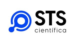 Logo da empresa STS Científica, que contém este mesmo nome escrito, com destaque para as letras STS, acompanhado de um símbolo em azul. Fim da descrição.