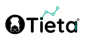 Logo da empresa Tieta.ai, que contém por escrito a palavra Tieta, acompanhada de um círculo com o esboço de uma mulher. Letras em preto com detalhes em verde claro. Fim da descrição. 