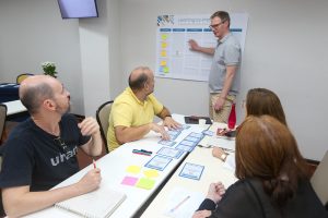 Durante a atividade prática, os docentes participantes desenvolveram o projeto de um curso com base no método EntreComp